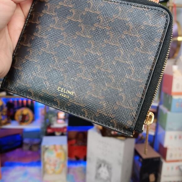 Celine Zip TRIOMPHE Canvas Wallet W/ Lamb Skin Leather Brown Card Holders Set - Picture 4 of 13